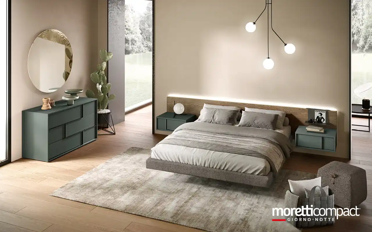 Camera Profile P12 con letto Wall Panel di Moretti Compact, in ambiente arredato