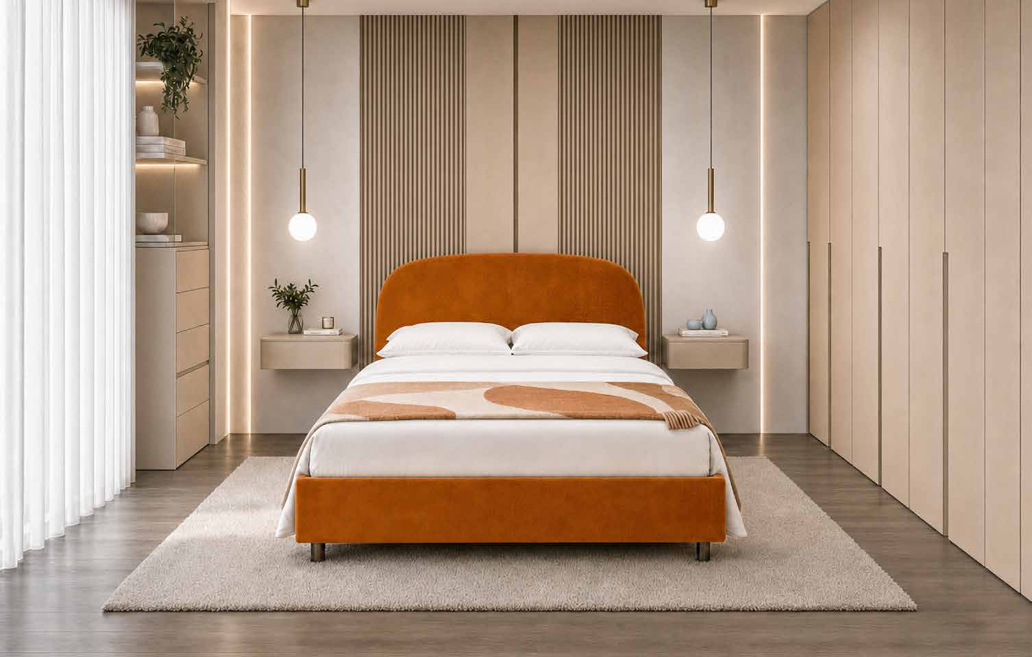 Letto Azalea con testata imbottita arrotondata in una camera arredata