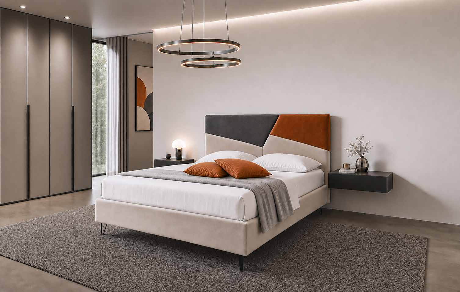 Letto Flora con testata geometrica in una camera arredata